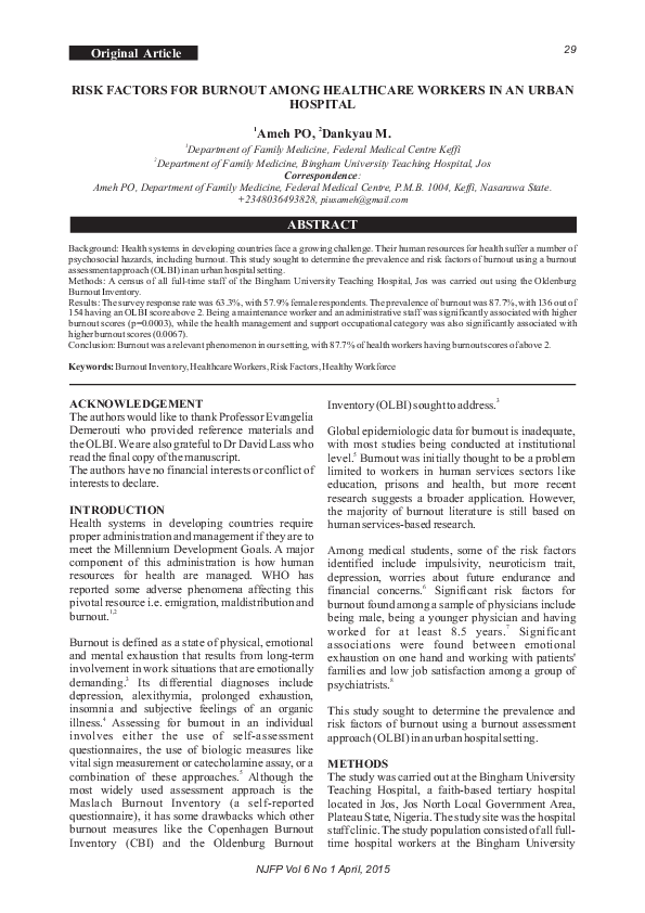 (PDF) RISK FACTORS FOR BURNOUT AMONG HEALTHCARE WORKERS IN AN URBAN ...