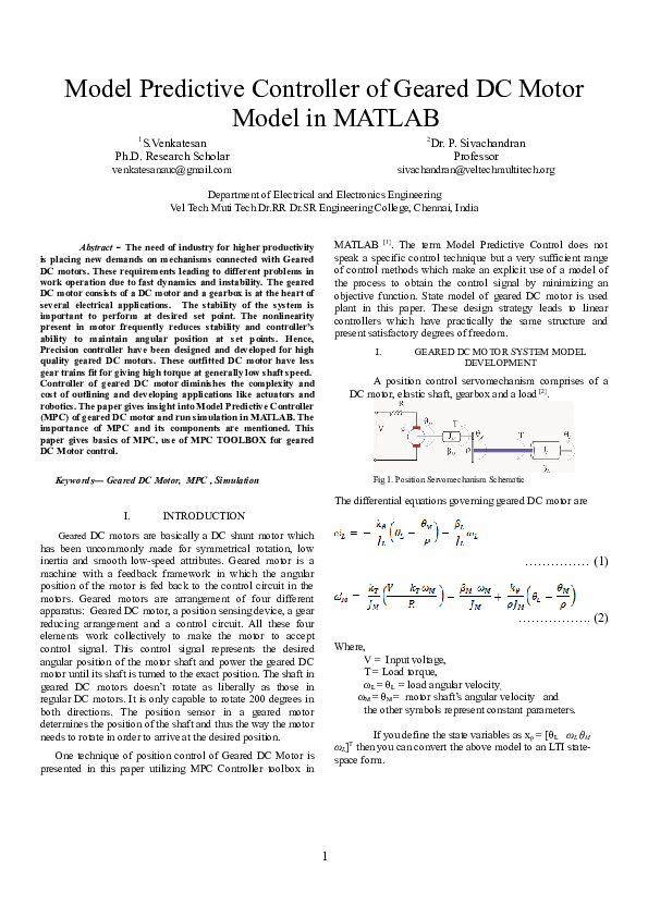 (DOC) Model Predictive Controller of Geared DC Motor Model in MATLAB 1