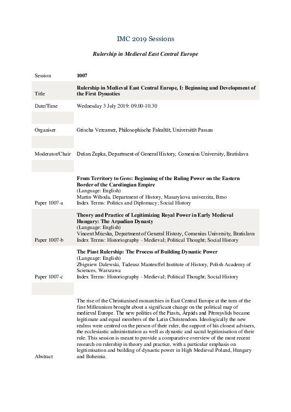 (PDF) Rulership in Medieval East Central Europe at IMC LEEDS 2019