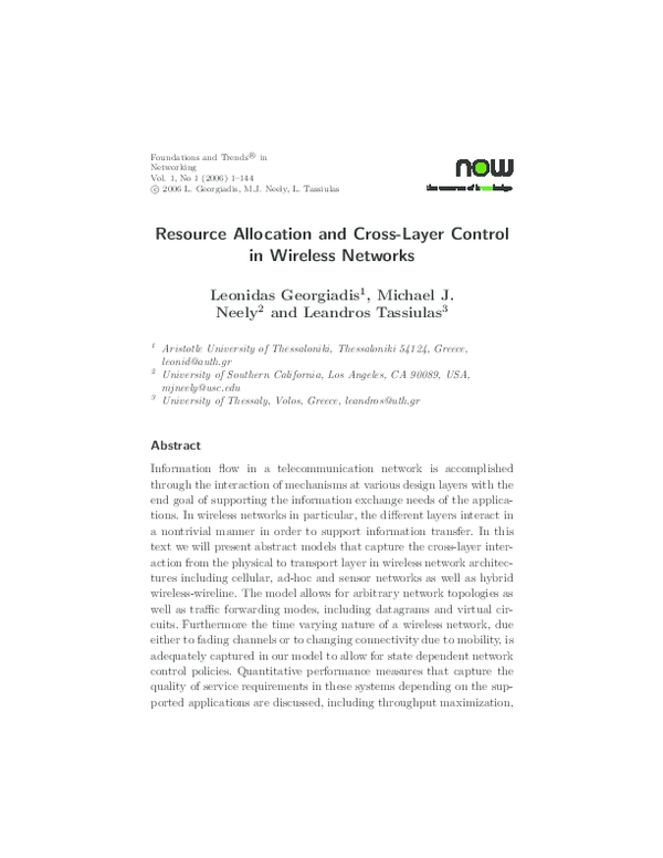 (PDF) Resource allocation and cross-layer control in wireless networks