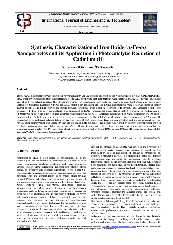 (PDF) Synthesis, Characterization of Iron Oxide (Α-Fe 2 o 3 ...