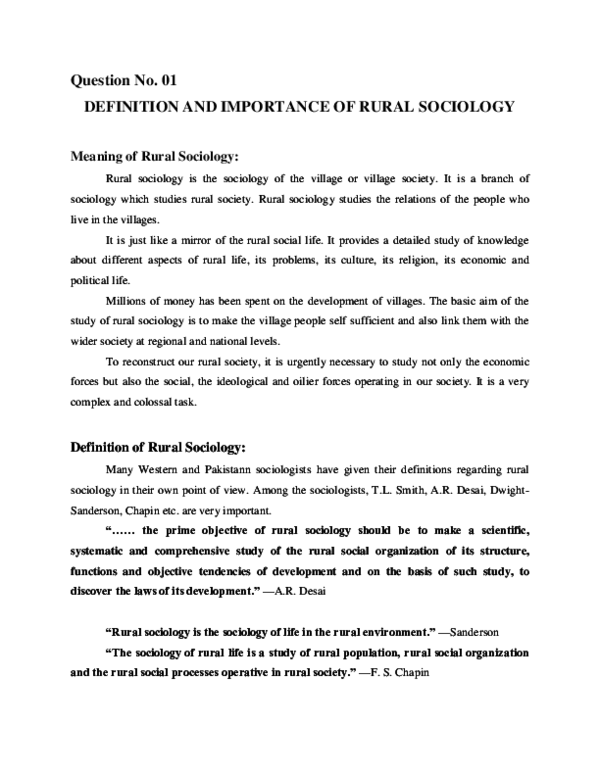 (DOC) Question No. 01 DEFINITION AND IMPORTANCE OF RURAL SOCIOLOGY ...