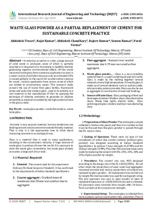 (PDF) WASTE GLASS POWDER AS A PARTIAL REPLACEMENT OF CEMENT FOR