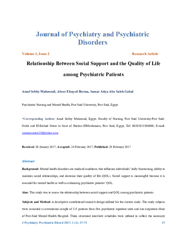 (PDF) Relationship between social support and the quality of life among ...