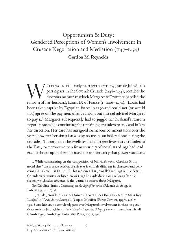 Opportunism & Duty: Gendered Perceptions of Women's Involvement in Crusade Negotiations and Mediation (1147-1254)