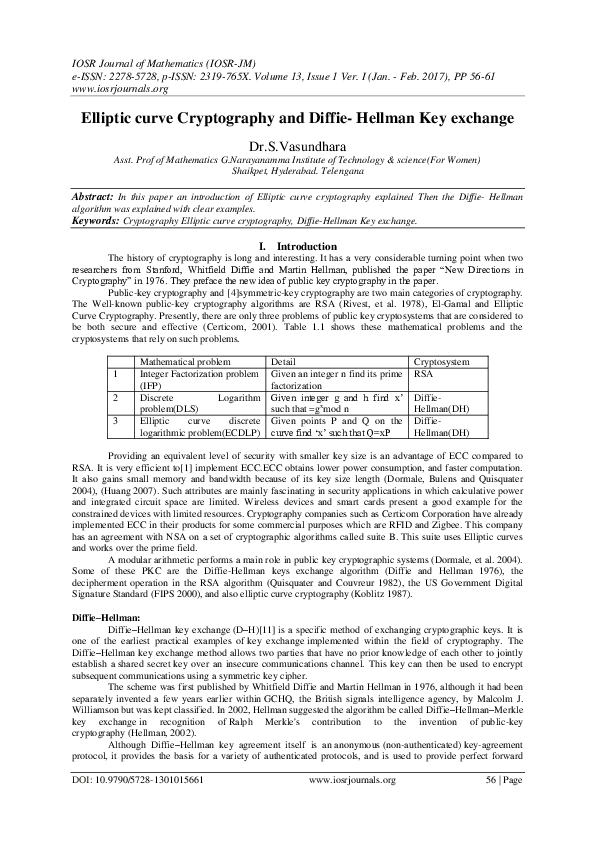 (PDF) Elliptic curve Cryptography and Diffie-Hellman Key exchange