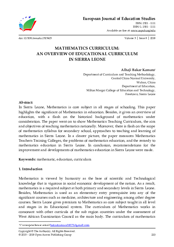 Pdf European Journal Of Education Studies Mathematics Curriculum An Pdf European Journal Of Education Studies Mathematics Curriculum An