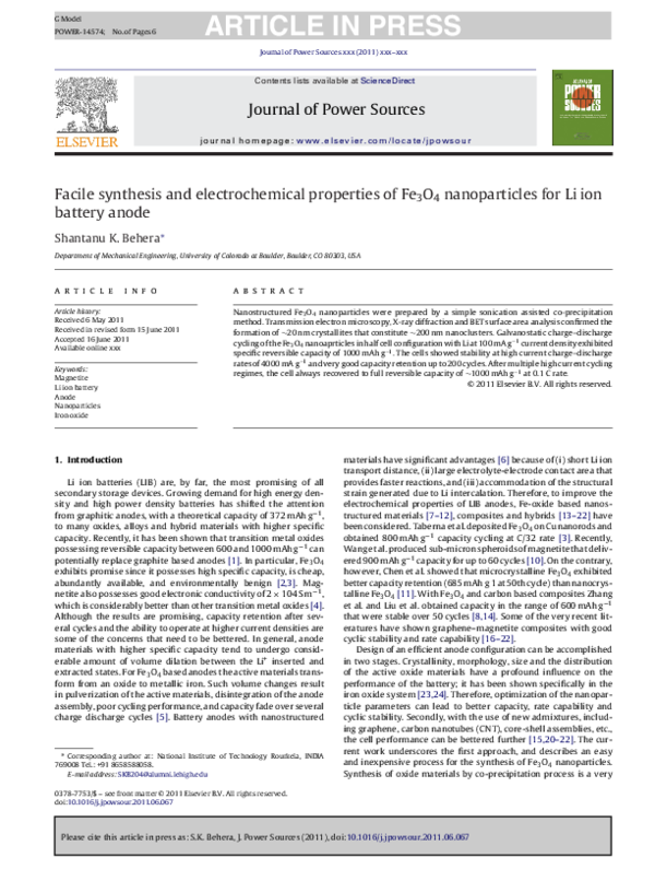 (PDF) Facile synthesis and electrochemical properties of Fe3O4 ...
