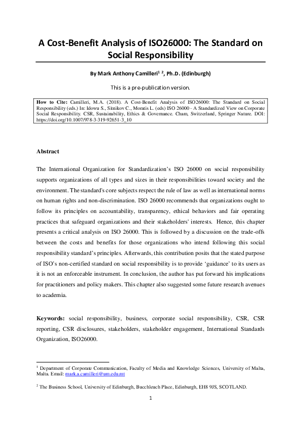 (PDF) A CostBenefit Analysis of ISO26000 The Standard on Social