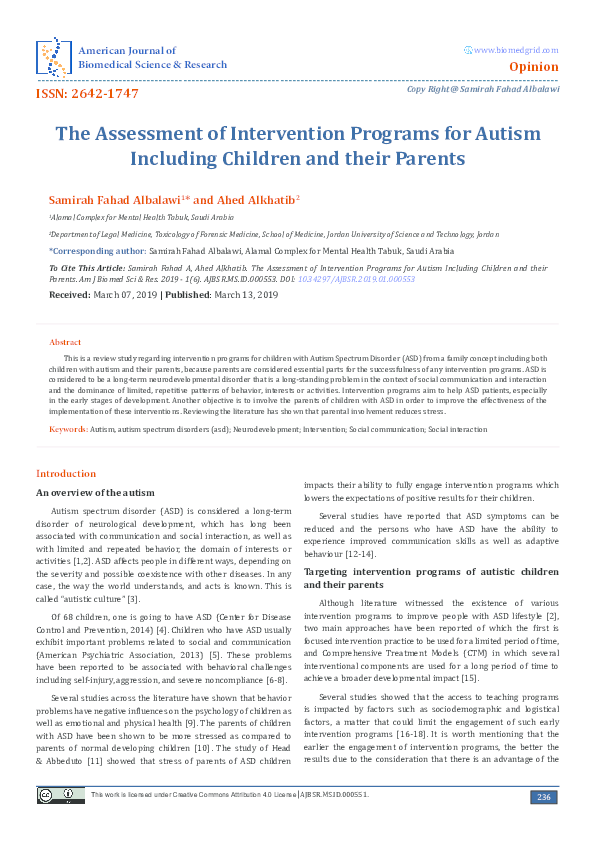 (PDF) The Assessment of Intervention Programs for Autism Including ...