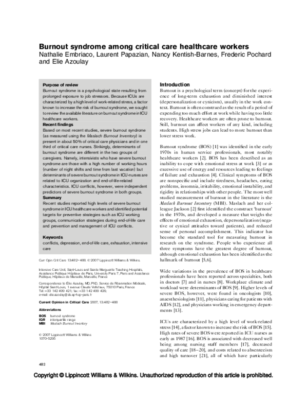 (PDF) Burnout syndrome among critical care healthcare workers