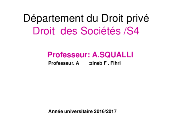 (PDF) Département du Droit privé Droit des Sociétés /S4 Professeur: A
