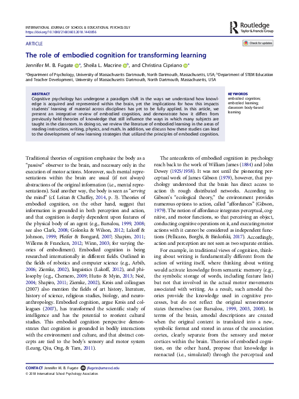 (PDF) The role of embodied cognition for transforming learning