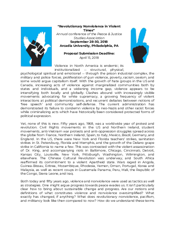 (PDF) [CFP] PJSA 2018 "Revolutionary Nonviolence in Violent Times