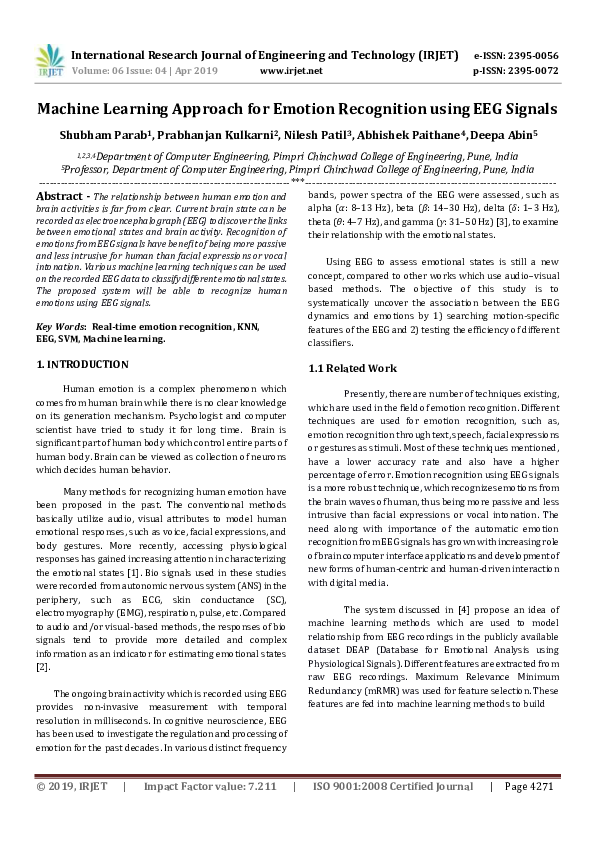 (PDF) IRJET- Machine Learning Approach for Emotion Recognition using ...