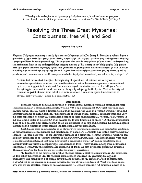  pdf resolving the three great mysteries consciousness free will