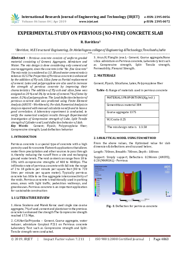 (PDF) IRJET- EXPERIMENTAL STUDY ON PERVIOUS (NO-FINE) CONCRETE SLAB