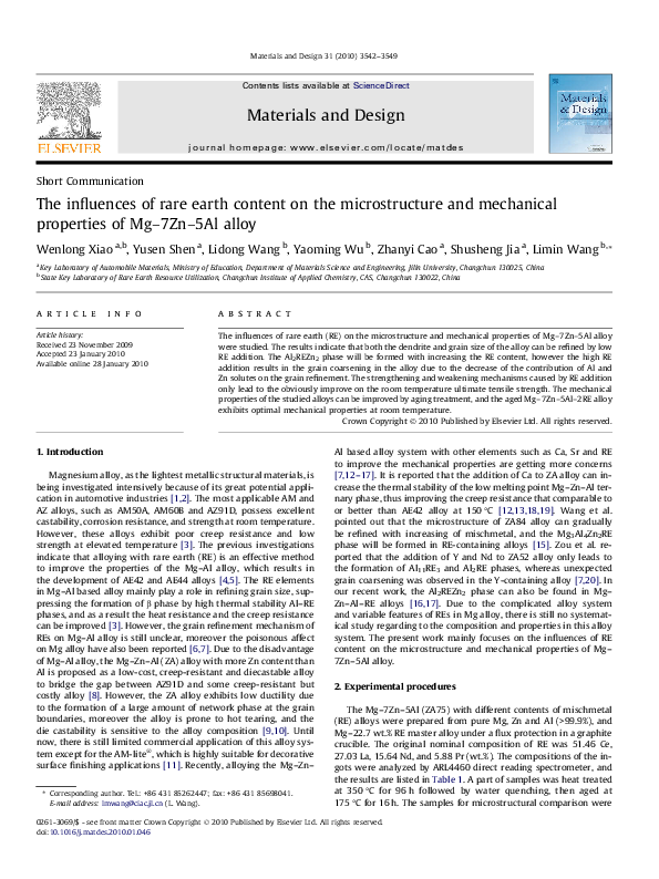 (PDF) The influences of RE content on the microstructure and mechanical ...