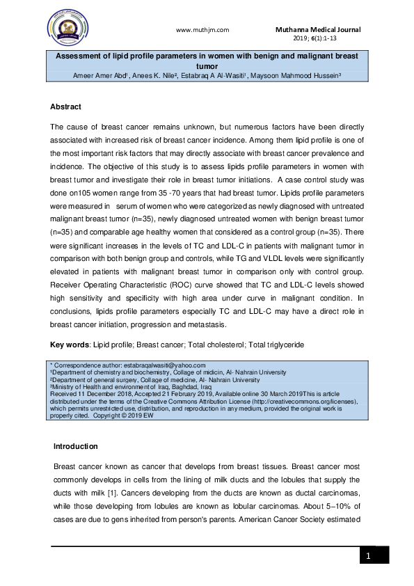(PDF) Assessment of lipid profile parameters in women with benign and ...
