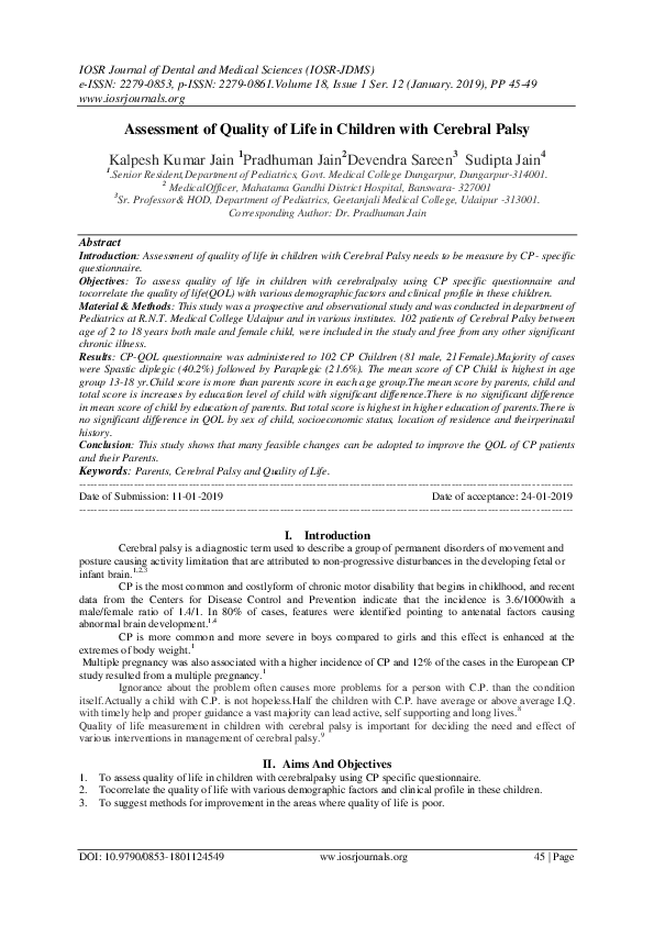 (PDF) Assessment of Quality of Life in Children with Cerebral Palsy