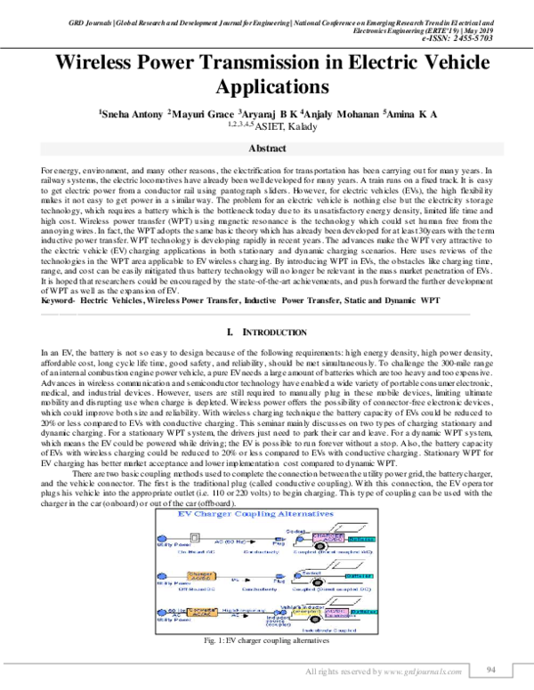 (PDF) Wireless Power Transmission in Electric Vehicle Applications GRD JOURNALS Academia.edu