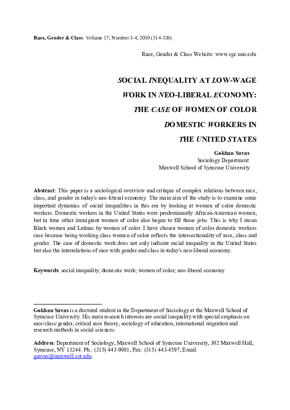 (PDF) Social Inequality at Low-Wage Work in Neo-Liberal Economy: The ...