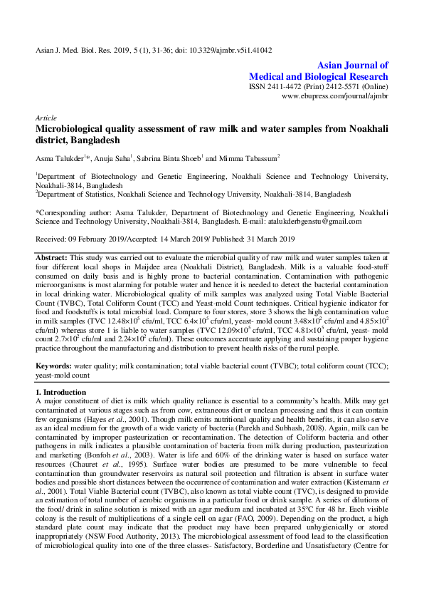 (PDF) Microbiological quality assessment of raw milk and water samples ...