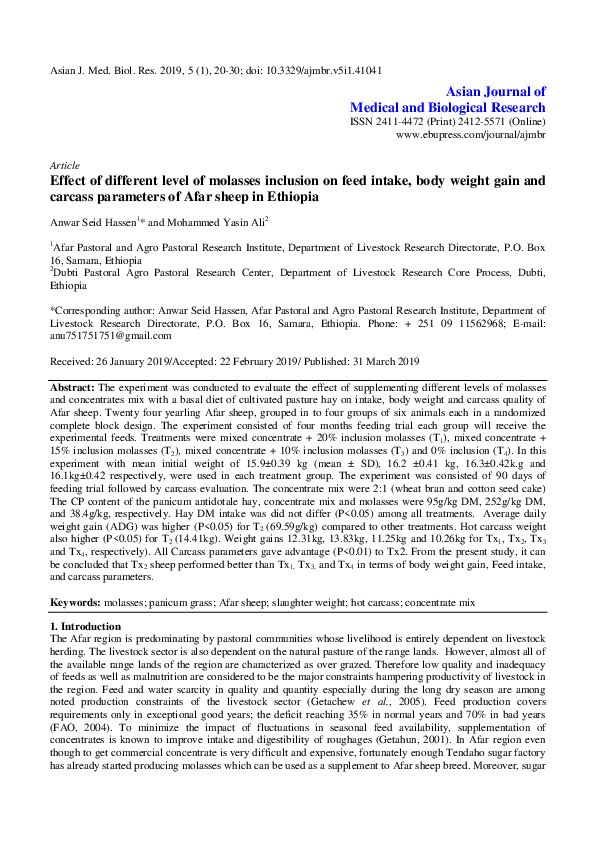 (PDF) Effect of different level of molasses inclusion on feed intake