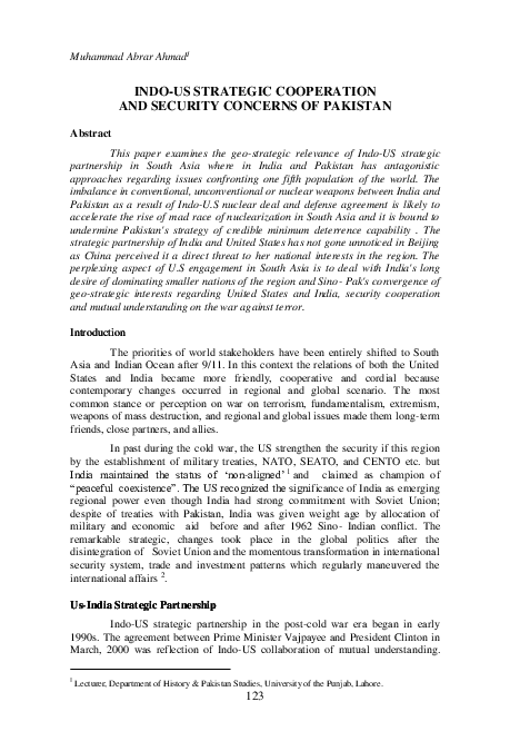(PDF) Indo US Strategic Partnership and Security concerns of ...