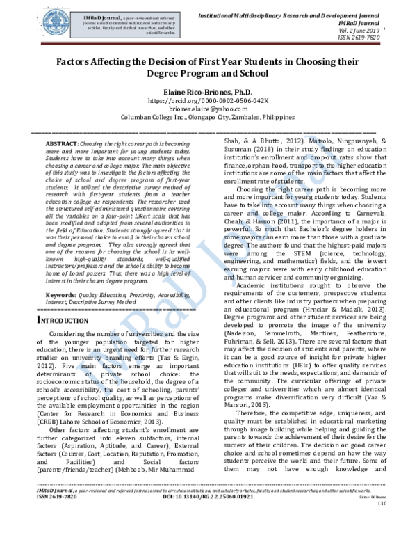 (PDF) Factors Affecting the Decision of First Year Students in Choosing ...
