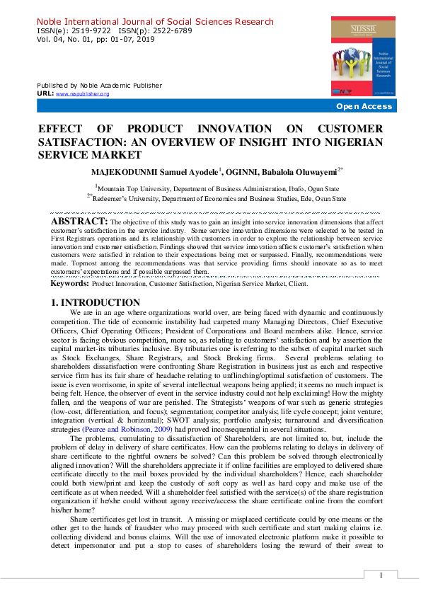(PDF) EFFECT OF PRODUCT INNOVATION ON CUSTOMER SATISFACTION: AN ...