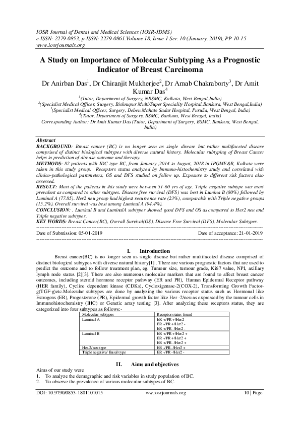 (PDF) A Study on Importance of Molecular Subtyping As a Prognostic ...