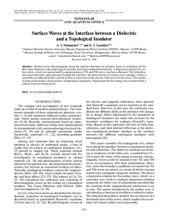 (PDF) Surface Waves at the Interface between a Dielectric and a ...