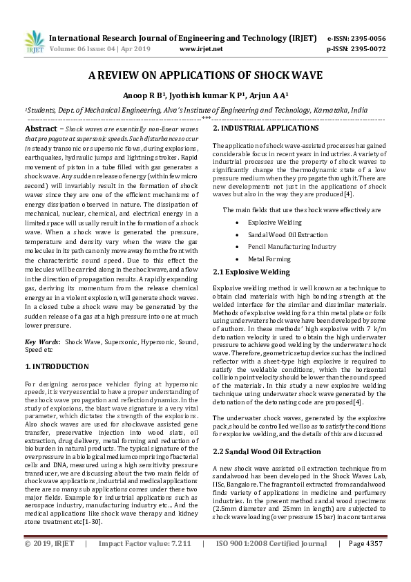 (PDF) IRJET- A REVIEW ON APPLICATIONS OF SHOCK WAVE