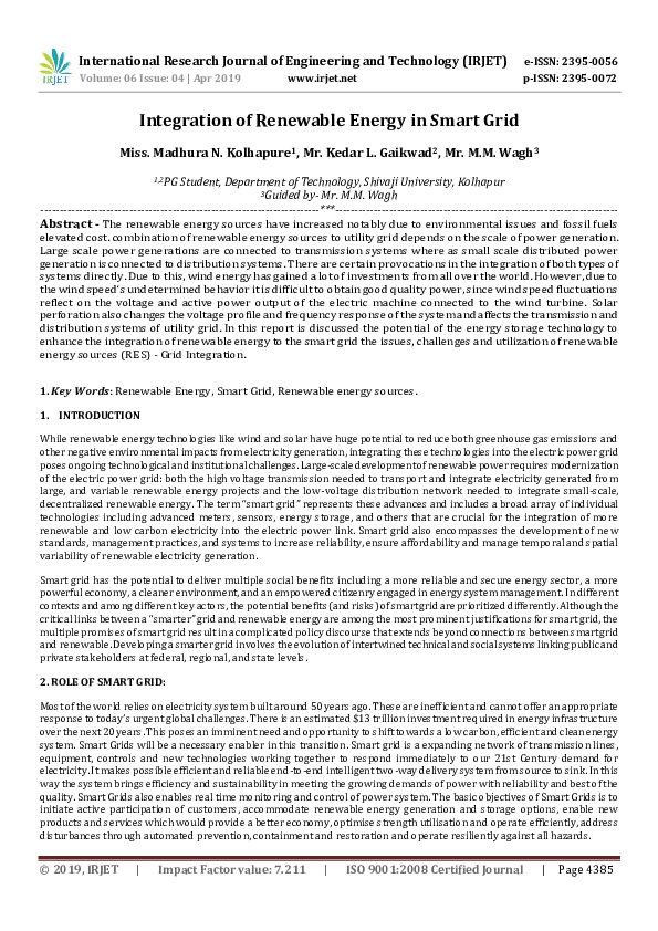 (PDF) IRJET- Integration of Renewable Energy in Smart Grid