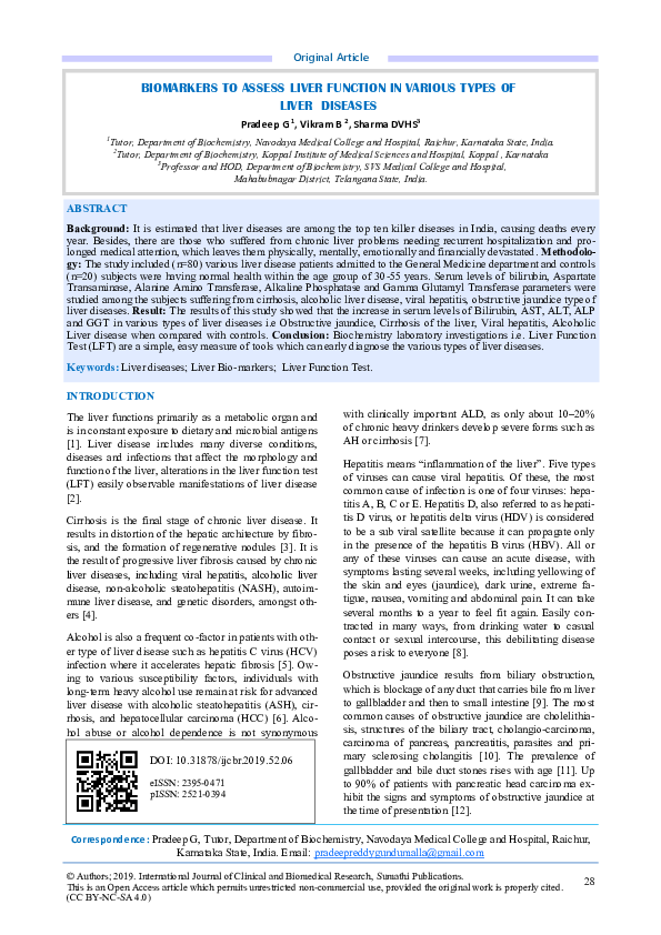 (PDF) Biomarkers to Assess Liver Function in Various Types of Liver
