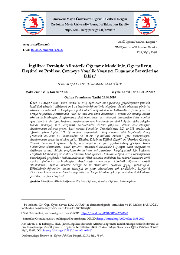 (PDF) İngilizce Dersinde Allosterik Öğrenme Modelinin Öğrencilerin ...
