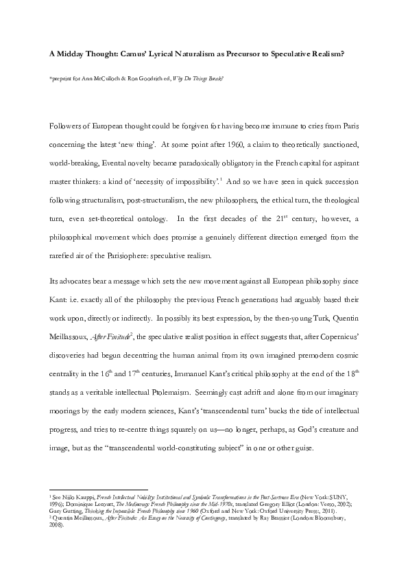 (PDF) A Midday Thought Camus' Lyrical Naturalism as Precursor to