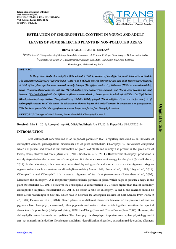 (PDF) ESTIMATION OF CHLOROPHYLL CONTENT IN YOUNG AND ADULT LEAVES OF ...