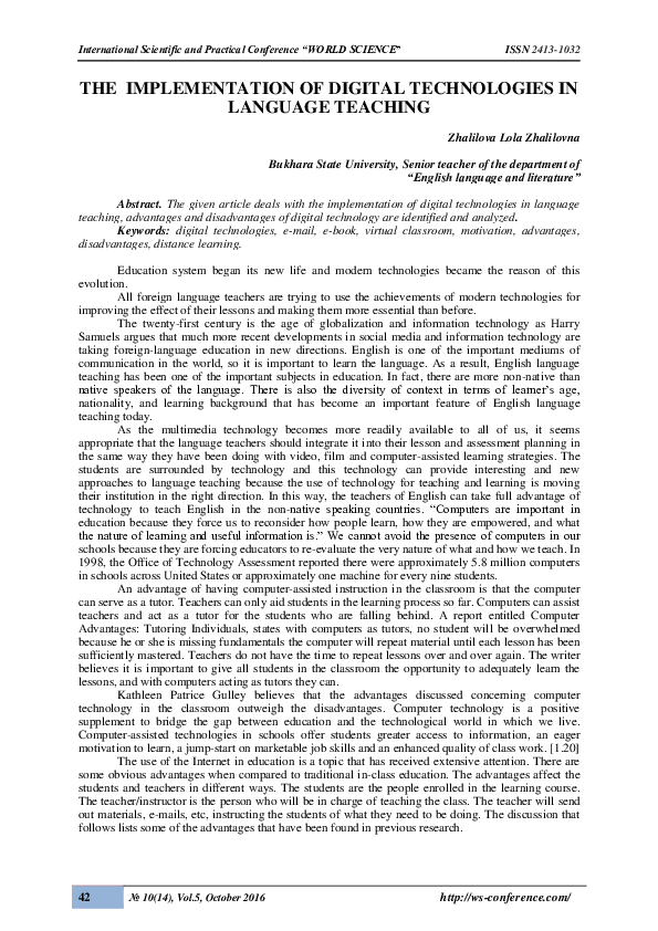 (PDF) THE IMPLEMENTATION OF DIGITAL TECHNOLOGIES IN LANGUAGE TEACHING