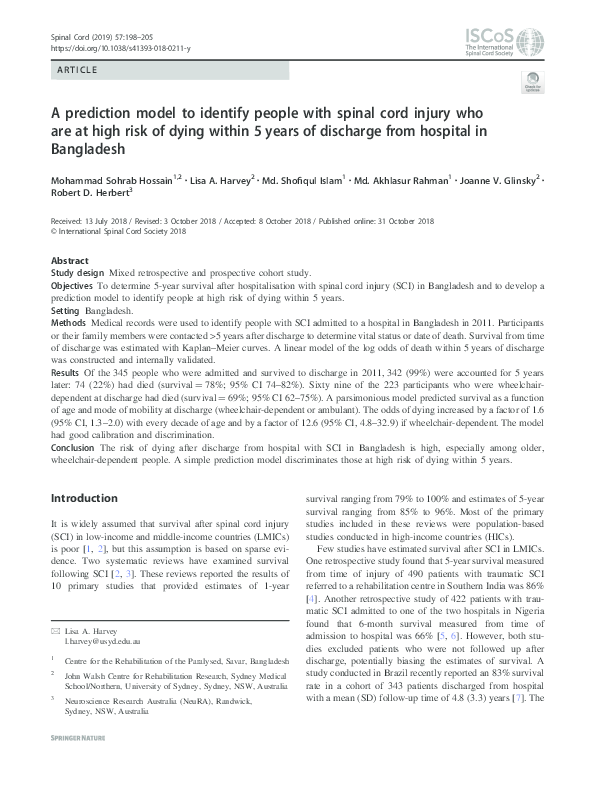 (PDF) A prediction model to identify people with spinal cord injury who ...
