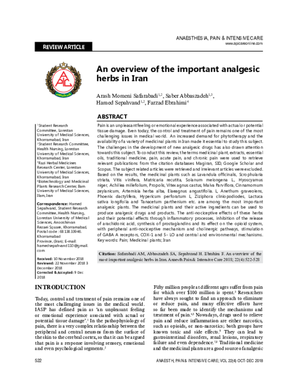 (PDF) An overview of the important analgesic herbs in Iran ANAESTHESIA