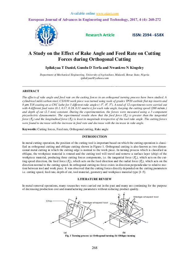 (PDF) A Study on the Effect of Rake Angle and Feed Rate on Cutting ...