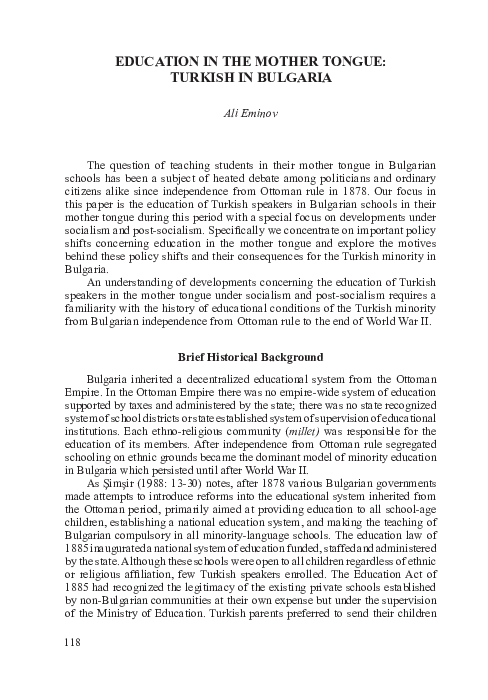 (PDF) EDUCATION IN THE MOTHER TONGUE: TURKISH IN BULGARIA