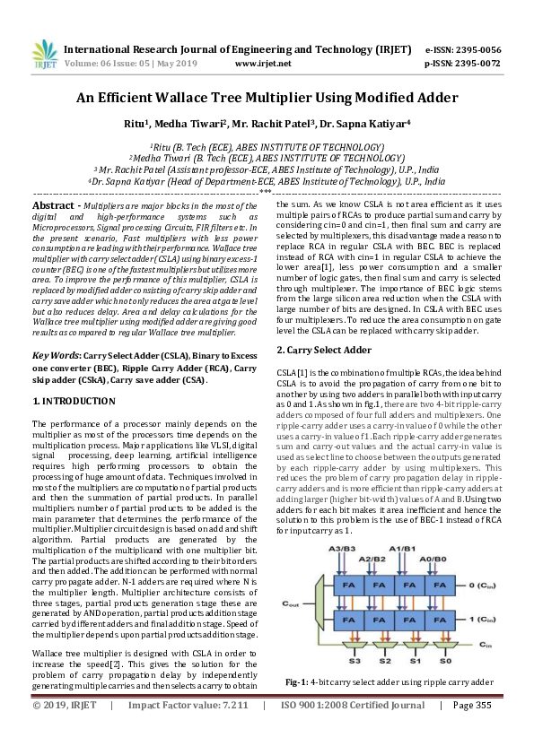 (PDF) IRJET- An Efficient Wallace Tree Multiplier Using Modified Adder