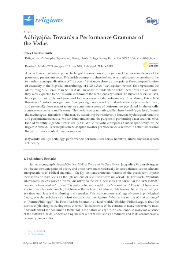 First page of “Adhiyajña: Towards a Performance Grammar of the Vedas”