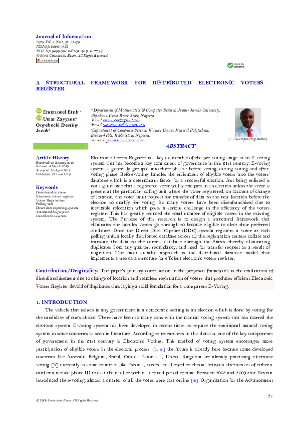 (PDF) A STRUCTURAL FRAMEWORK FOR DISTRIBUTED ELECTRONIC VOTERS REGISTER