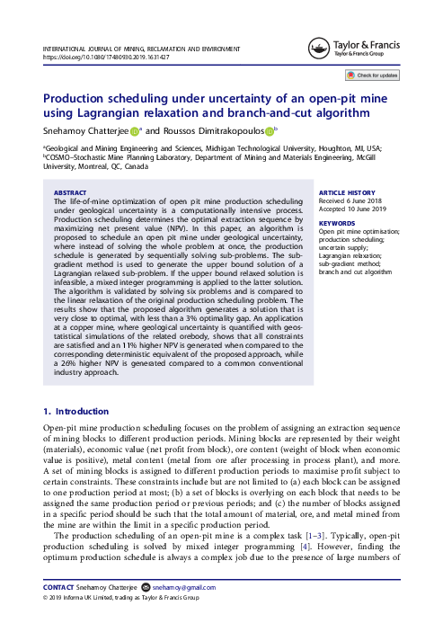 Pdf Production Scheduling Under Uncertainty Of An Open Pit Mine Using Lagrangian Relaxation And Branch And Cut Algorithm Snehamoy Chatterjee And Roussos Dimitrakopoulos Academia Edu