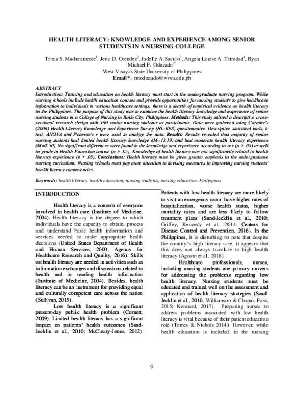 (PDF) Health Literacy: Knowledge and Experience among Senior Students ...