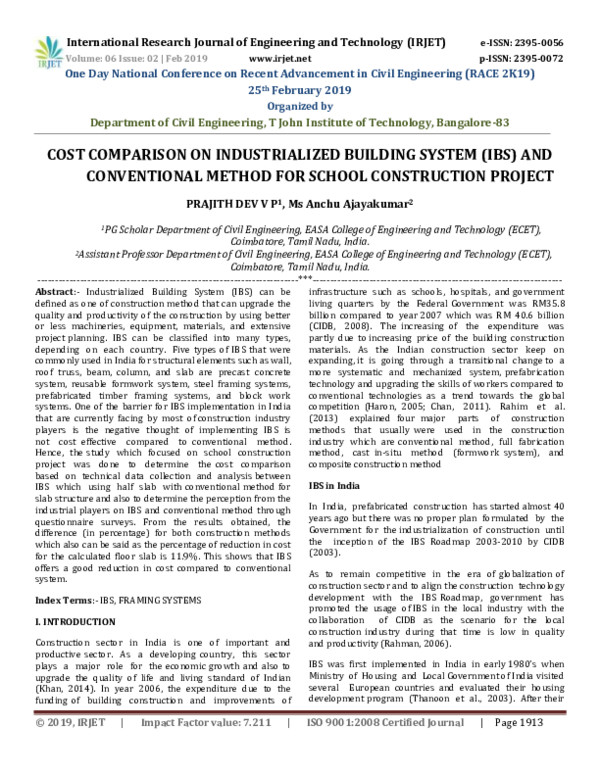 Pdf Irjet Cost Comparison On Industrialized Building System Ibs And Conventional Method For School Construction Project Irjet Journal Academia Edu